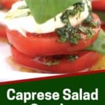 Pinterst graphic. Caprese salad stacks with text overlay.