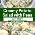 Pinterest graphic. Potato salad with peas with text overlay.