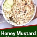 Pinterest graphic. Cabbage and apple slaw with honey mustard dressing with text overlay.