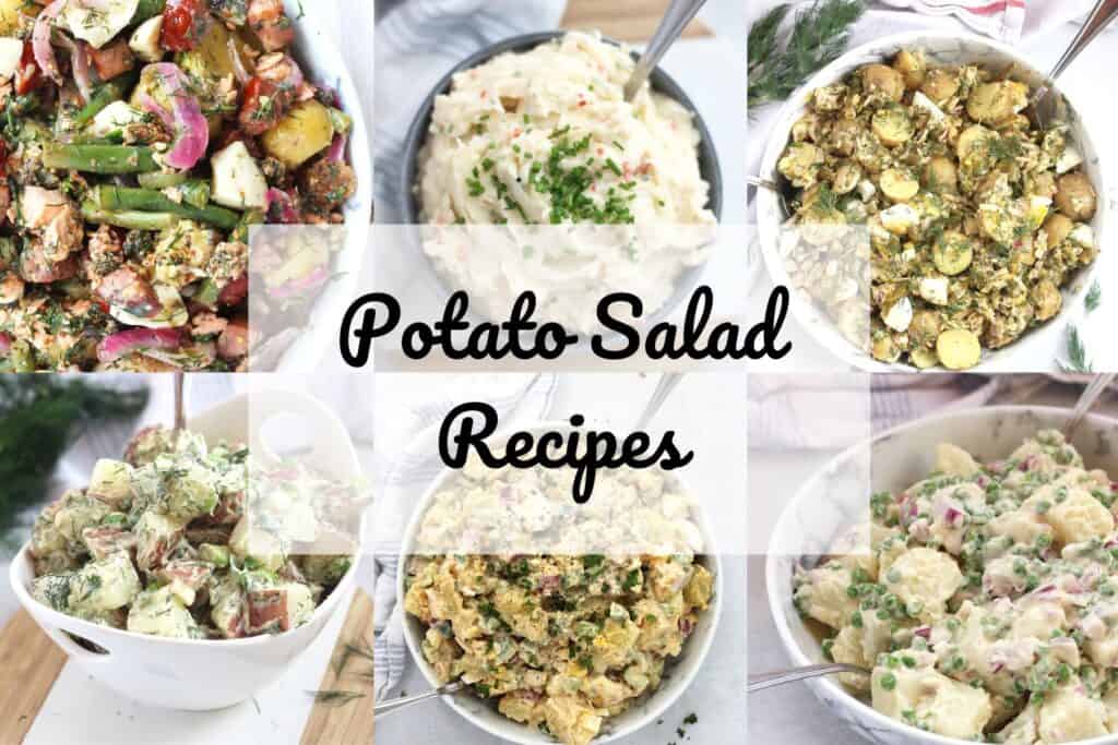 Collage of six potato salad recipes with text overlay.