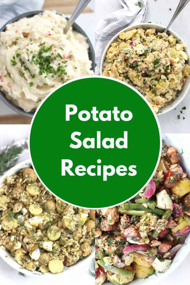 Pinterest graphic. Collage of four potato salad recipes with text overlay.