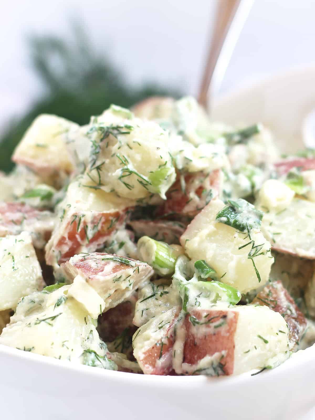 Chunks of potatoes coated in a creamy dressing.