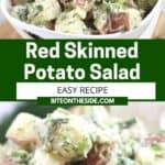 Pinterest graphic. Red skinned potato salad with dill, with text overlay.