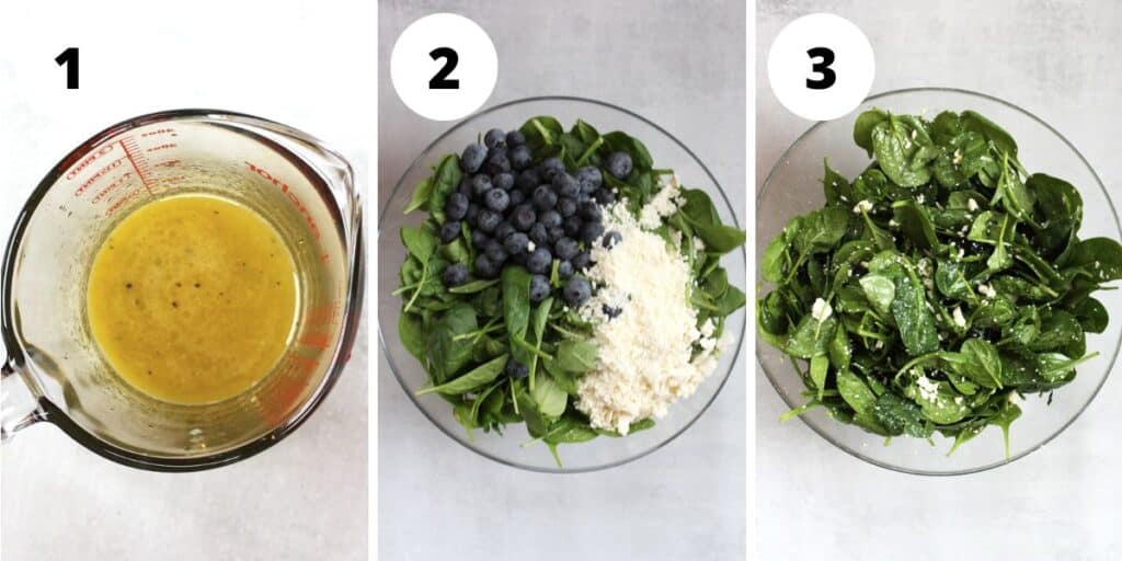Three photos to show how to make the dressing and salad.