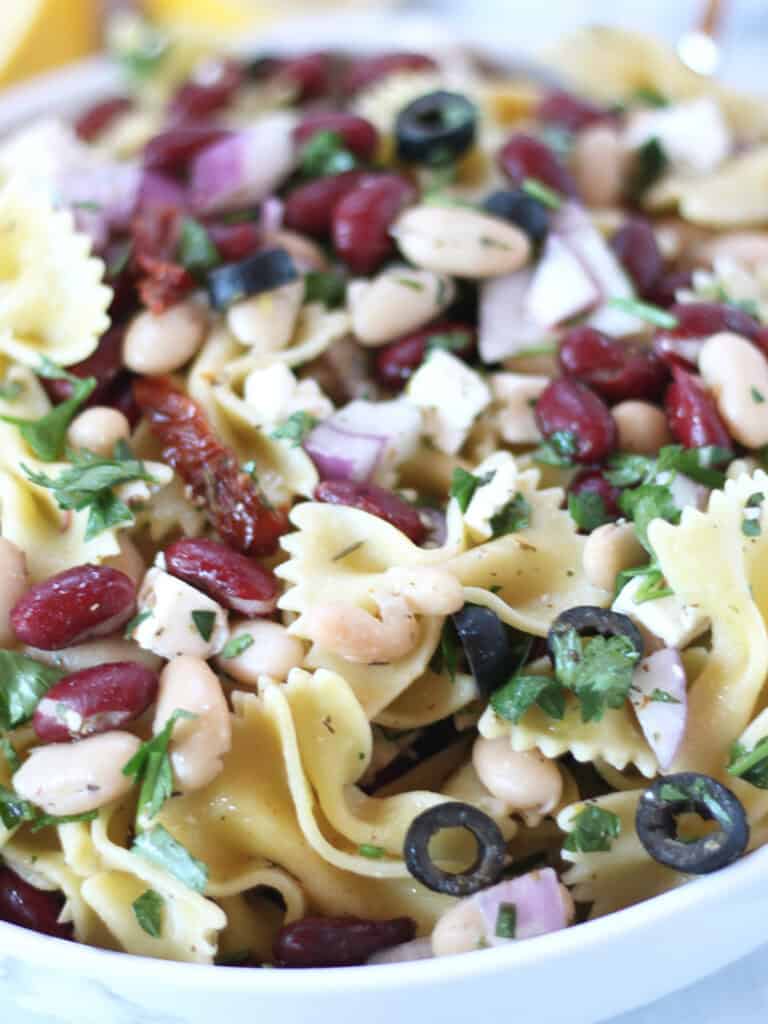 Bowtie pasta salad in a bowl.