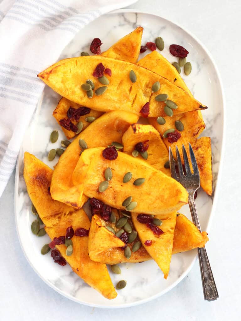 Air fried pumpkin served on a plate with a fork.