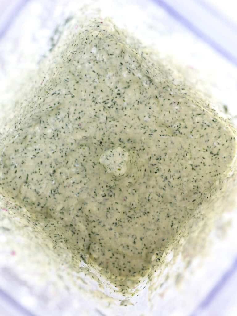 Cottage cheese and dill dressing after being blended.