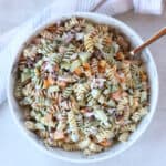 Creamy pasta salad with cottage cheese served in a bowl.
