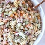 Cottage cheese pasta salad served in a bowl.