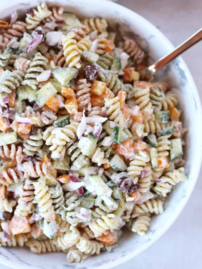 Cottage cheese pasta salad served in a bowl.