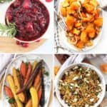 Collage of Thanksgiving side dishes. Carrots, butternut squash, cranberry sauce and salad.