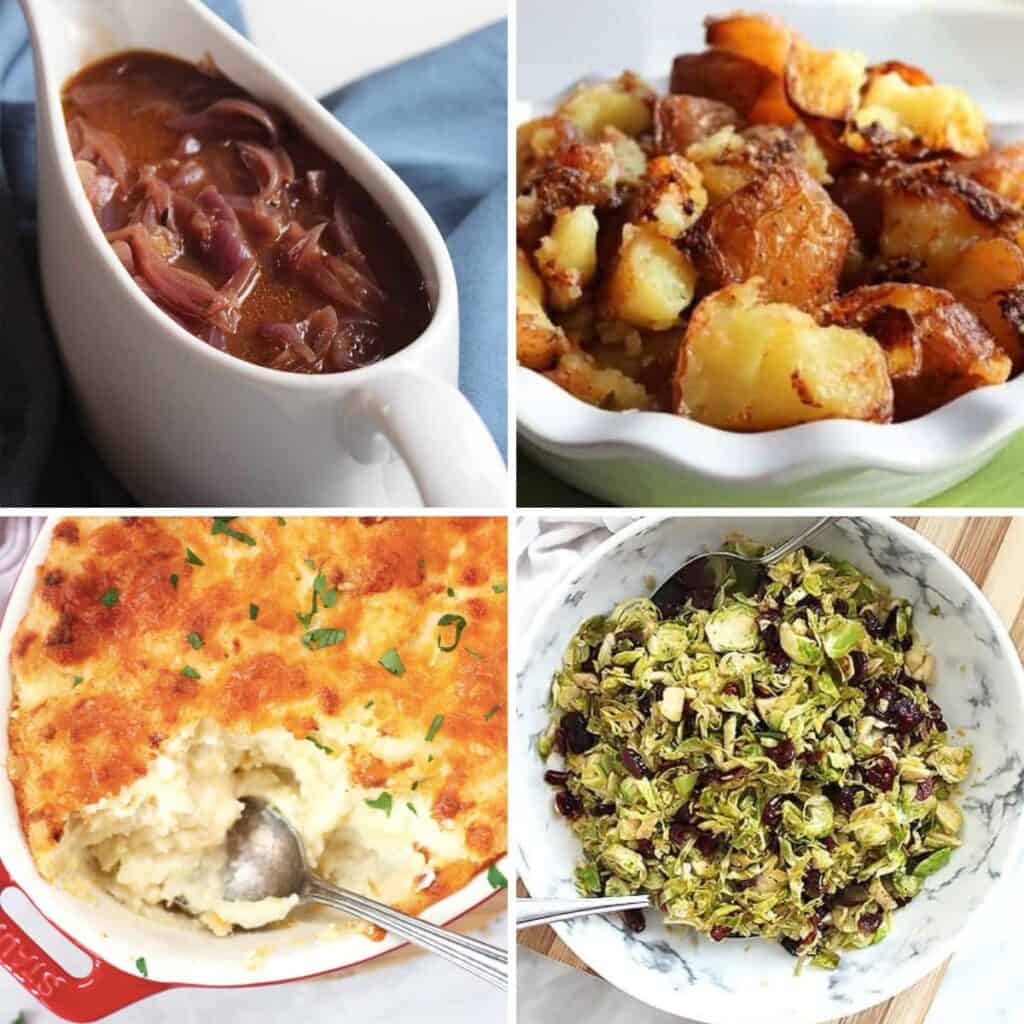 Thanksgiving side dishes; gravy, roast potatoes, potato casserole and sauteed Brussels sprouts.