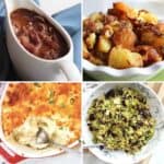 Thanksgiving side dishes; gravy, roast potatoes, potato casserole and sauteed Brussels sprouts.