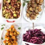 Air fryer Thanksgiving side dishes. Brussels sprouts, potatoes, squash and red cabbage.