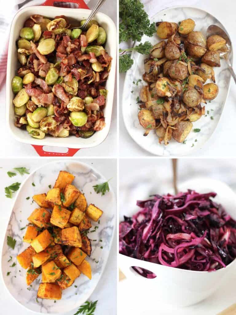 Air fryer Thanksgiving side dishes. Brussels sprouts, potatoes, squash and red cabbage.